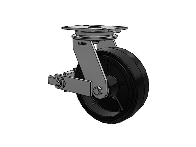 90 Series Top Plate Swivel Caster with 10 x 4 Black Tread on Black Enamel Core MR - Moldon Rubber (Cast Iron Core) Wheel and Poly Cam Brake