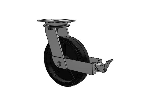 90 Series Top Plate Swivel Caster with 12 x 3 Black Tread on Black Enamel Core MR - Moldon Rubber (Cast Iron Core) Wheel and Face Brake