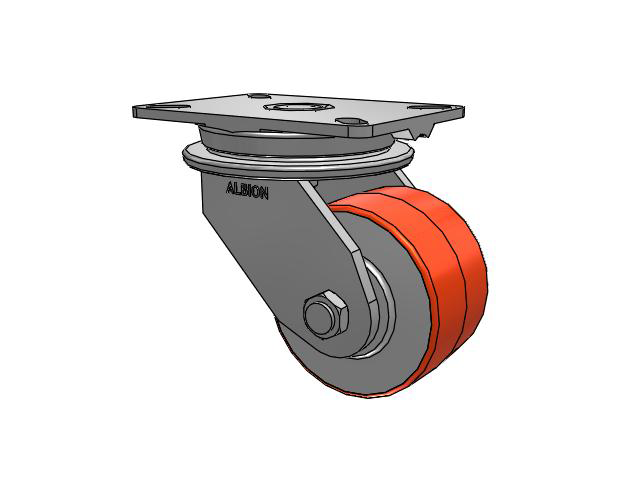 90 Series Top Plate Swivel Caster with 5 x 3 Red-Orange Tread on Cast Iron Core PY - Polyurethane (Cast Iron Core) Wheel