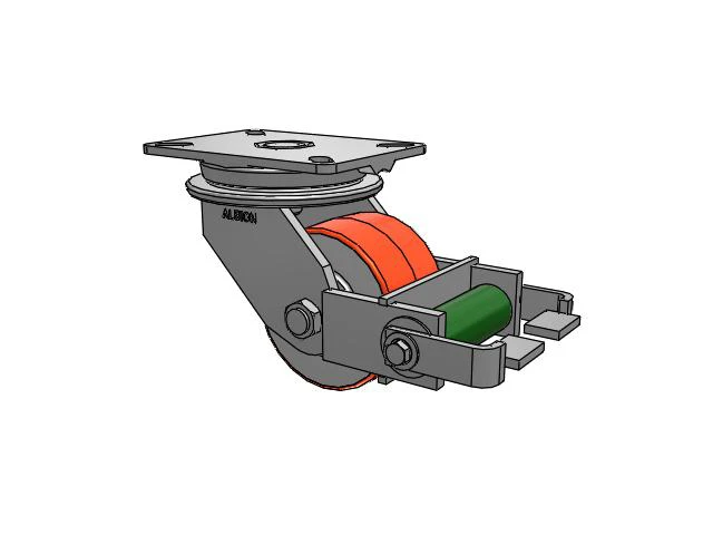 90 Series Top Plate Swivel Caster with 5 x 3 Red-Orange Tread on Cast Iron Core PY - Polyurethane (Cast Iron Core) Wheel and Poly Cam Brake