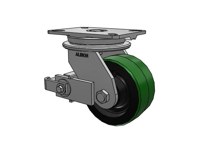 90 Series Top Plate Swivel Caster with 6 x 3 Green Tread on Black Cast Iron Core PY - Polyurethane (Cast Iron Core) Wheel and Poly Cam Brake