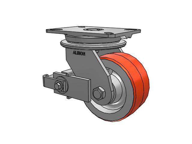 90 Series Top Plate Swivel Caster with 6 x 3 Red-Orange Tread on Cast Iron Core PY - Polyurethane (Cast Iron Core) Wheel and Poly Cam Brake