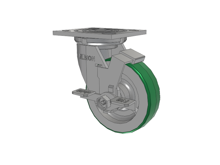 16 Series Top Plate Swivel Caster with 5 x 1.5 Green Tread on Aluminum Core PD - Polyurethane (Aluminum Core) Wheel and Face Brake