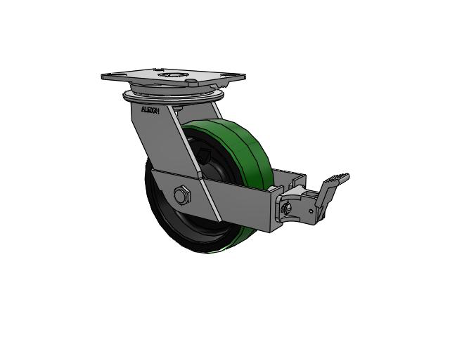90 Series Top Plate Swivel Caster with 8 x 3 Green Tread on Black Cast Iron Core PY - Polyurethane (Cast Iron Core) Wheel and Face Brake