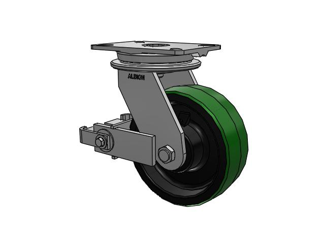 90 Series Top Plate Swivel Caster with 8 x 3 Green Tread on Black Cast Iron Core PY - Polyurethane (Cast Iron Core) Wheel and Poly Cam Brake