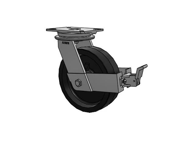 90 Series Top Plate Swivel Caster with 10 x 3 Black Tread on Black Cast Iron Core PY - Polyurethane (Cast Iron Core) Wheel and Face Brake