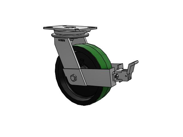 90 Series Top Plate Swivel Caster with 10 x 3 Green Tread on Black Cast Iron Core PY - Polyurethane (Cast Iron Core) Wheel and Face Brake