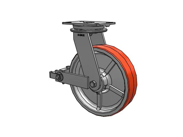90 Series Top Plate Swivel Caster with 12 x 3 Red-Orange Tread on Cast Iron Core PY - Polyurethane (Cast Iron Core) Wheel and Poly Cam Brake