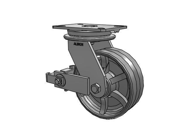 90 Series Top Plate Swivel Caster with 8 x 3 Silver Enamel Paint VG - Cast Iron V-Groove Wheel and Poly Cam Brake