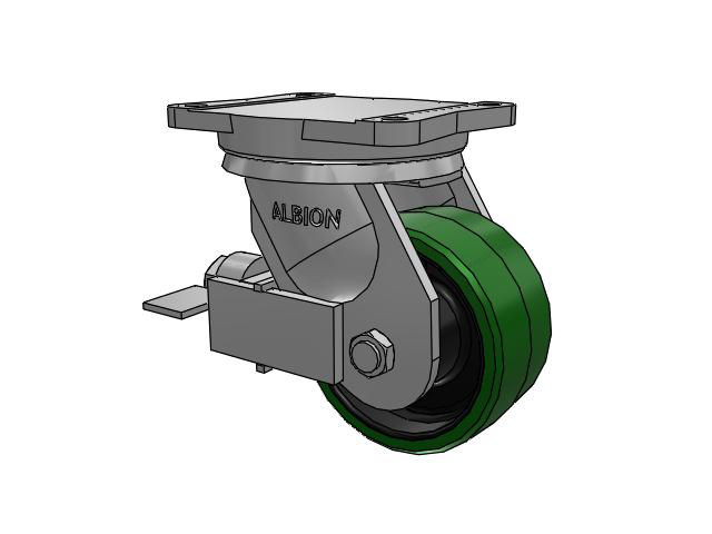 94 Series TRL Top Plate Swivel Caster with 6 x 3 Green Tread on Black Cast Iron Core PX - Thick Polyurethane (Cast Iron Core) Wheel and Face Brake