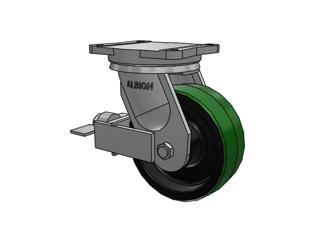 94 Series TRL Top Plate Swivel Caster with 8 x 3 Green Tread on Black Cast Iron Core PY - Polyurethane (Cast Iron Core) Wheel and Face Brake