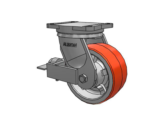 94 Series TRL Top Plate Swivel Caster with 8 x 4 Red-Orange Tread on Cast Iron Core PY - Polyurethane (Cast Iron Core) Wheel and Face Brake