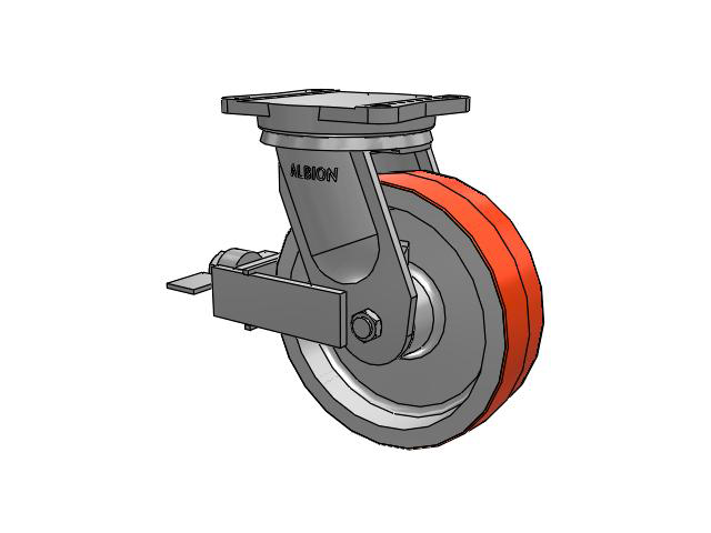 94 Series TRL Top Plate Swivel Caster with 10 x 3 Red-Orange Tread on Cast Iron Core PY - Polyurethane (Cast Iron Core) Wheel and Face Brake
