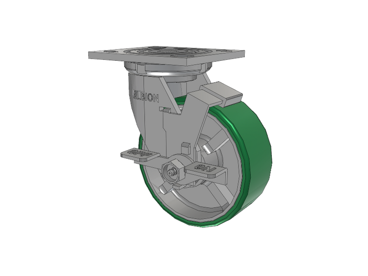 16 Series Top Plate Swivel Caster with 5 x 2 Green Tread on Silver Cast Iron Core PI - Polyurethane (Cast Iron Core) Wheel and Face Brake