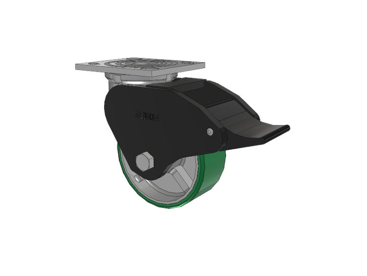 16 Series Top Plate Swivel Caster with 5 x 2 Green Tread on Silver Cast Iron Core PI - Polyurethane (Cast Iron Core) Wheel and Total Lock Brake
