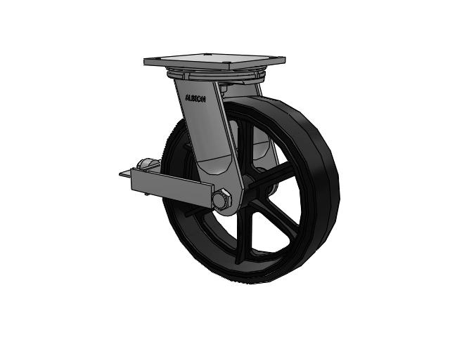 95 Series BBL Top Plate Swivel Caster with 16 x 5 Black Tread on Black Enamel Core MR - Moldon Rubber (Cast Iron Core) Wheel and Face Brake
