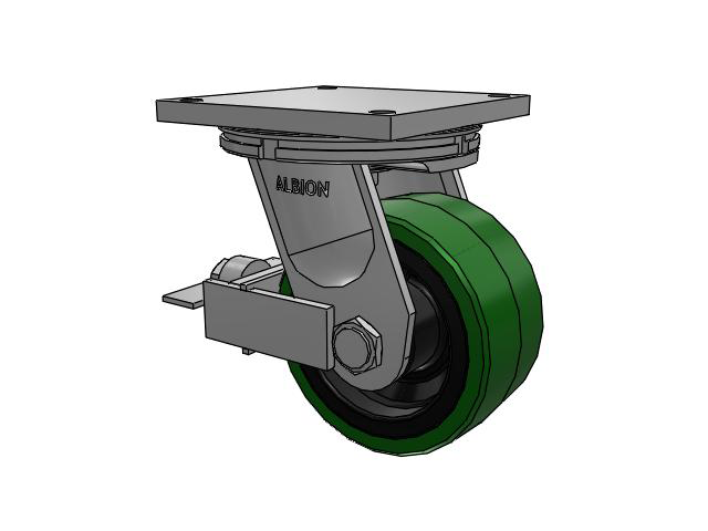 95 Series TRL Top Plate Swivel Caster with 8 x 4 Green Tread on Black Cast Iron Core PX - Thick Polyurethane (Cast Iron Core) Wheel and Face Brake