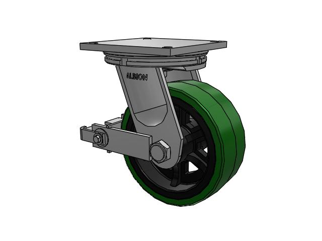 95 Series BBL Top Plate Swivel Caster with 10 x 4 Green Tread on Black Cast Iron Core PX - Thick Polyurethane (Cast Iron Core) Wheel and Poly Cam Brake