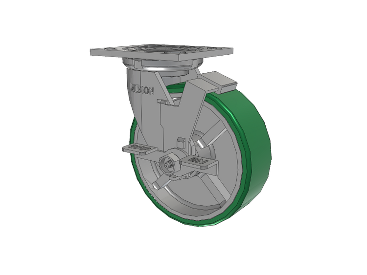 16 Series Top Plate Swivel Caster with 6 x 2 Green Tread on Silver Cast Iron Core PI - Polyurethane (Cast Iron Core) Wheel and Face Brake