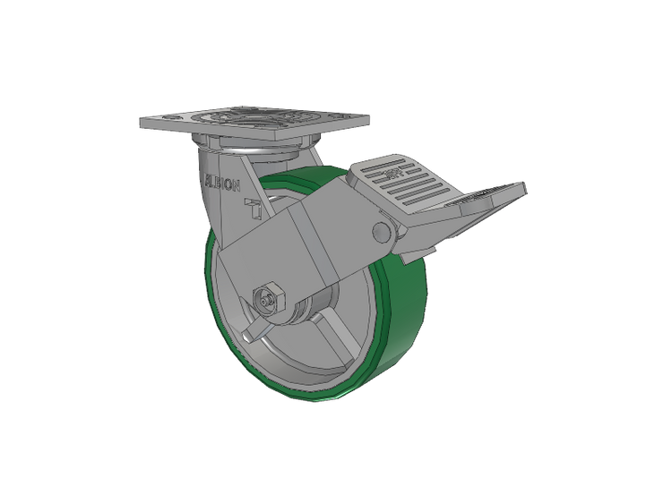 16 Series Top Plate Swivel Caster with 6 x 2 Green Tread on Silver Cast Iron Core PI - Polyurethane (Cast Iron Core) Wheel and Face Brake