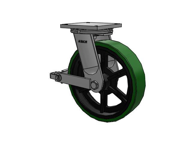 95 Series TRL Top Plate Swivel Caster with 16 x 4 Green Tread on Black Cast Iron Core PX - Thick Polyurethane (Cast Iron Core) Wheel and Poly Cam Brake