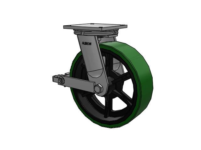 95 Series BBL Top Plate Swivel Caster with 16 x 5 Green Tread on Black Cast Iron Core PX - Thick Polyurethane (Cast Iron Core) Wheel and Poly Cam Brake