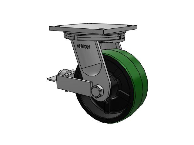 95 Series BBL Top Plate Swivel Caster with 10 x 4 Green Tread on Black Cast Iron Core PY - Polyurethane (Cast Iron Core) Wheel and Face Brake