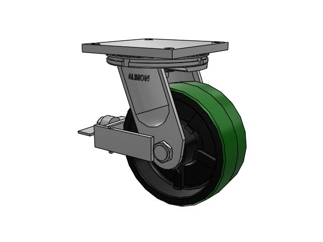 95 Series TRL Top Plate Swivel Caster with 10 x 4 Green Tread on Black Cast Iron Core PY - Polyurethane (Cast Iron Core) Wheel and Face Brake