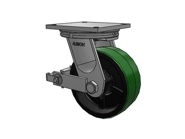 95 Series BBL Top Plate Swivel Caster with 10 x 4 Green Tread on Black Cast Iron Core PY - Polyurethane (Cast Iron Core) Wheel and Poly Cam Brake