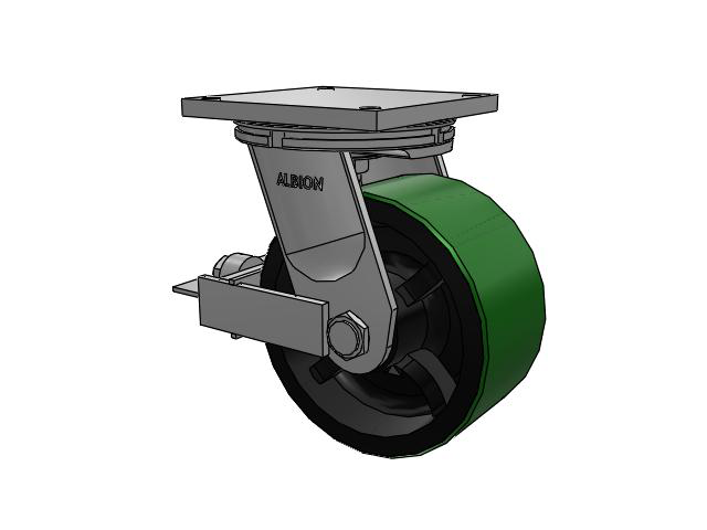 95 Series TRL Top Plate Swivel Caster with 10 x 5 Green Tread on Black Cast Iron Core PY - Polyurethane (Cast Iron Core) Wheel and Face Brake
