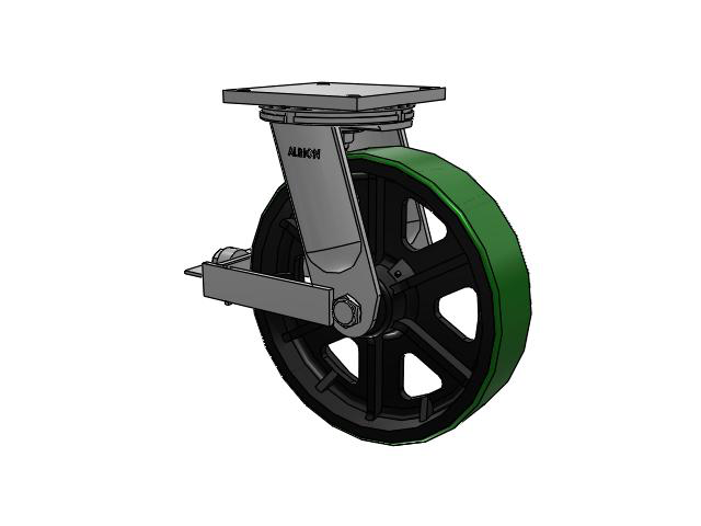 95 Series TRL Top Plate Swivel Caster with 16 x 4 Green Tread on Black Cast Iron Core PY - Polyurethane (Cast Iron Core) Wheel and Face Brake