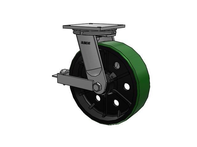95 Series BBL Top Plate Swivel Caster with 16 x 5 Green Tread on Black Cast Iron Core PY - Polyurethane (Cast Iron Core) Wheel and Face Brake
