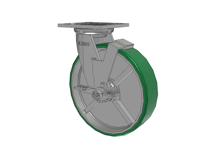 16 Series Top Plate Swivel Caster with 8 x 2 Green Tread on Silver Cast Iron Core PI - Polyurethane (Cast Iron Core) Wheel and Face Brake