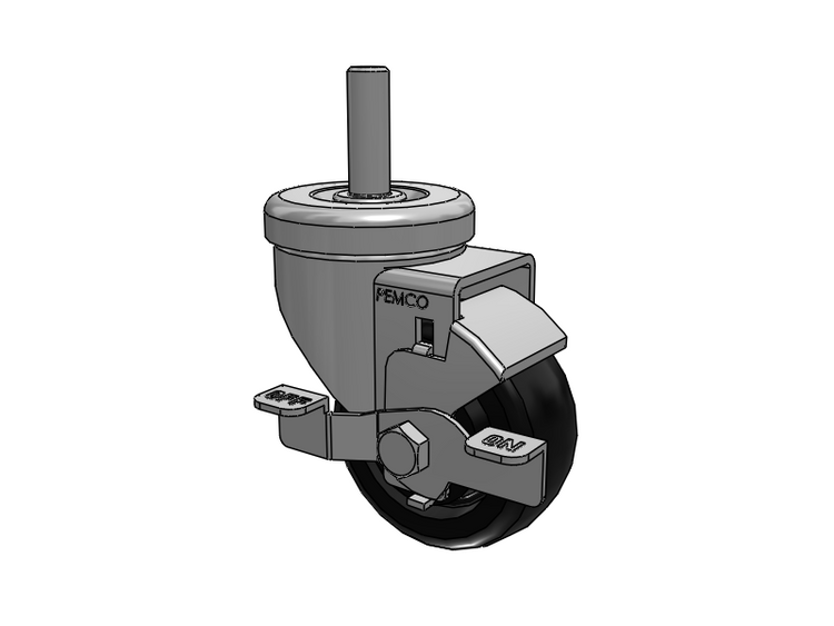 A-Line 1 1/4 Inch Wide Casters Threaded Stem Caster with 3 x 1.25 Polyolefin (POD) Wheel and Side Tread Lock Brake
