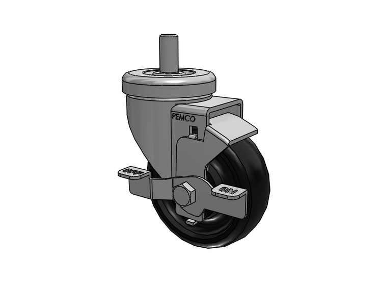 A-Line 1 1/4 Inch Wide Casters Threaded Stem Caster with 3.5 x 1.25 Polyolefin (POD) Wheel and Side Tread Lock Brake