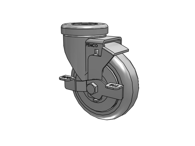 A-Line 1 1/4 Inch Wide Casters Hollow Kingpin Caster with 4 x 1.25 Thermo-Rubber (TPR) Wheel and Side Tread Lock Brake
