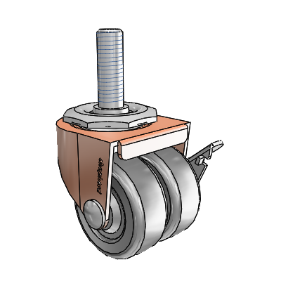 00 Series Threaded Stem Copper Oxide Swivel Caster with 2 x .8125 Dark Grey Soft Rubber Wheel and Side Brake