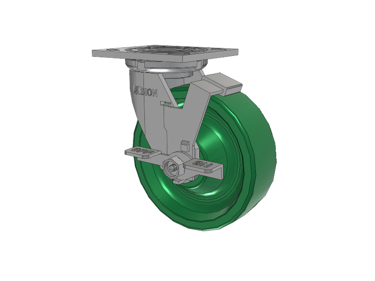 Roulette pivotante à plaque supérieure de la série 16 avec 6 roues en polyuréthane vert de 2, équipée de roues en polyuréthane plein « XI - X-treme » et d'un frein frontal