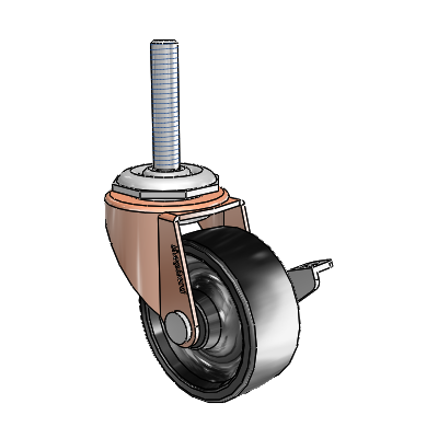 Regent Threaded Stem Copper Oxide Swivel Caster with 2 x .8125 Black Polyolefin Wheel and Side Brake