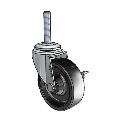 Roulette pivotante Regent à tige filetée en zinc, équipée d'une roue en polyoléfine noire de 2,5 x 0,8125 et d'un frein latéral