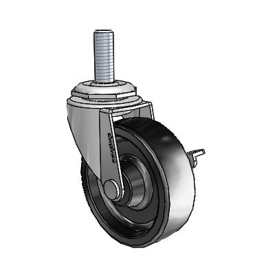 Roulette pivotante Regent à tige filetée, finition nickel poli, avec roue en polyoléfine noire de 2,5 x 0,8125 et frein latéral
