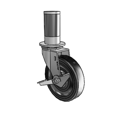 Regent Expanding Adapter Polished Nickel Swivel Caster with 4 x .9375 Black Soft Rubber Wheel and Side Brake