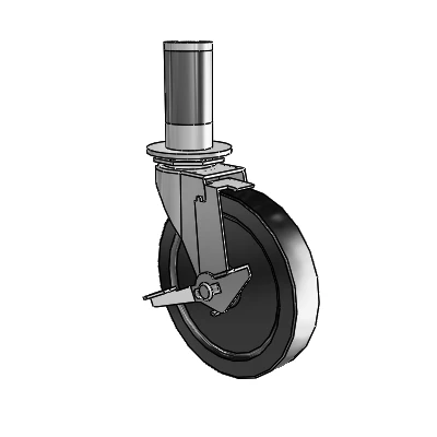 Regent Expanding Adapter Polished Nickel Swivel Caster with 5 x .9375 Black Polyolefin Wheel and Tread Lock Brake