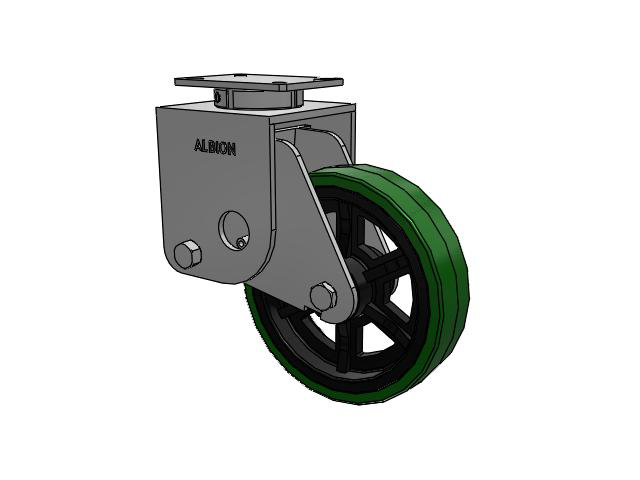 S410 Series Kingpinless Top Plate Swivel Caster with 12 x 3 Green Tread on Black Cast Iron Core PX - Thick Polyurethane (Cast Iron Core) Wheel