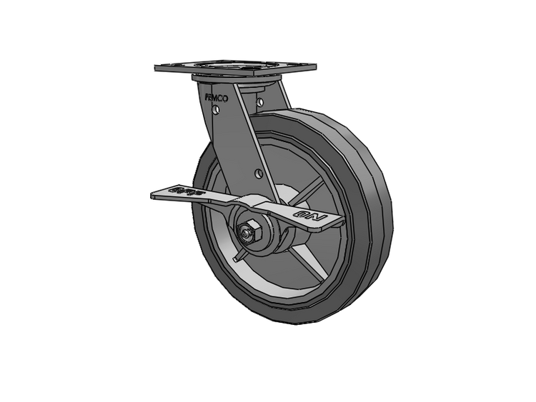 E-line Stainless Steel Swivel Caster with 8 x 2 Thermo-Rubber (Flat) Wheel and 7 in Cam Brake