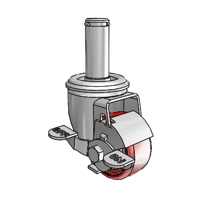 Roulette pivotante à tige et anneau de préhension de la série 2, en zinc, équipée d'une roue HI-TECH en polyuréthane marron sur fond gris (2,5 x 1,25) et d'un frein à verrouillage par le haut