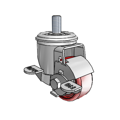 Roulette pivotante à tige filetée de la série 2, en zinc, équipée d'une roue HI-TECH en polyuréthane marron sur fond gris de 2,5 x 1,25 et d'un frein à blocage par le haut