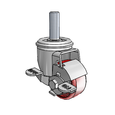 Roulette pivotante à tige filetée de la série 2, en zinc, équipée d'une roue HI-TECH en polyuréthane marron sur fond gris de 2,5 x 1,25 et d'un frein à blocage par le haut