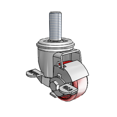 Roulette pivotante à tige filetée de la série 2, en zinc, équipée d'une roue HI-TECH en polyuréthane marron sur fond gris de 2,5 x 1,25 et d'un frein à blocage par le haut