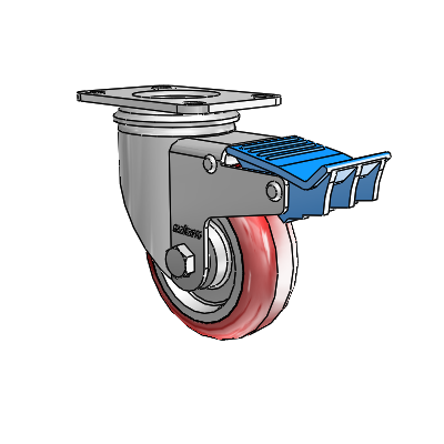 2 Series Casters Top Plate Swivel Zinc with 3.5 x 1.25 Maroon on Grey Polyurethane HI-TECH Wheel and Directional Lock Brake